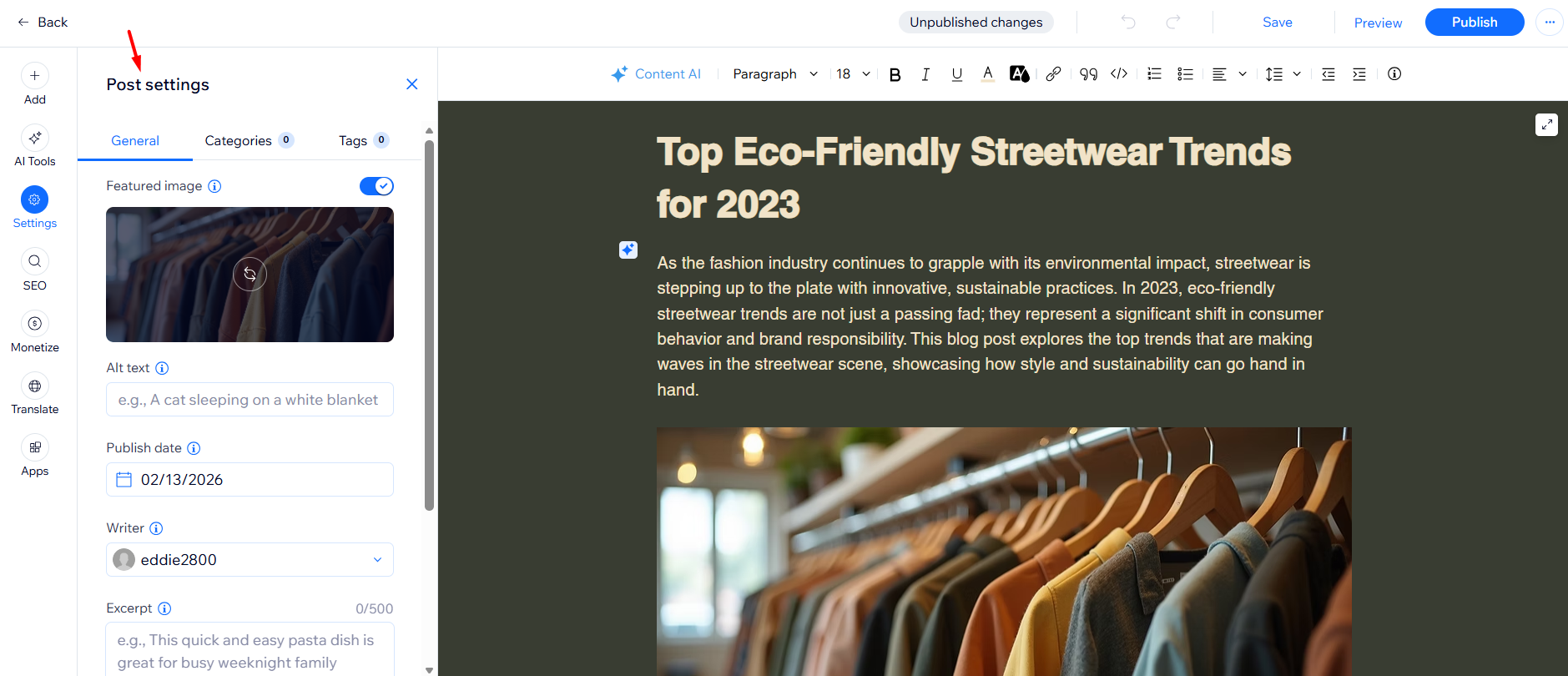 Wix site editor customizing blog feed layout and design settings