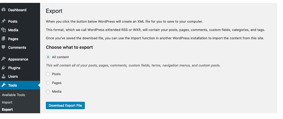WordPress export tool for posts pages comments and full site data