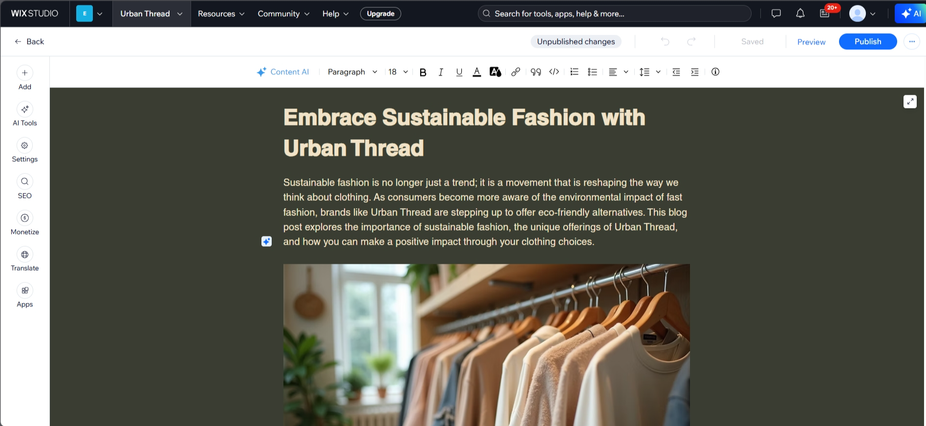 Wix blog editor with formatting options for writing and publishing posts