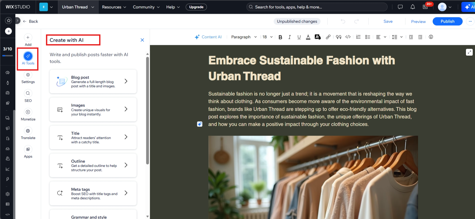 Wix AI blog tools generating a draft post and rewriting sections