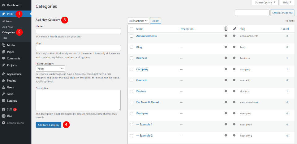 WordPress post settings showing categories tags scheduling and publishing options