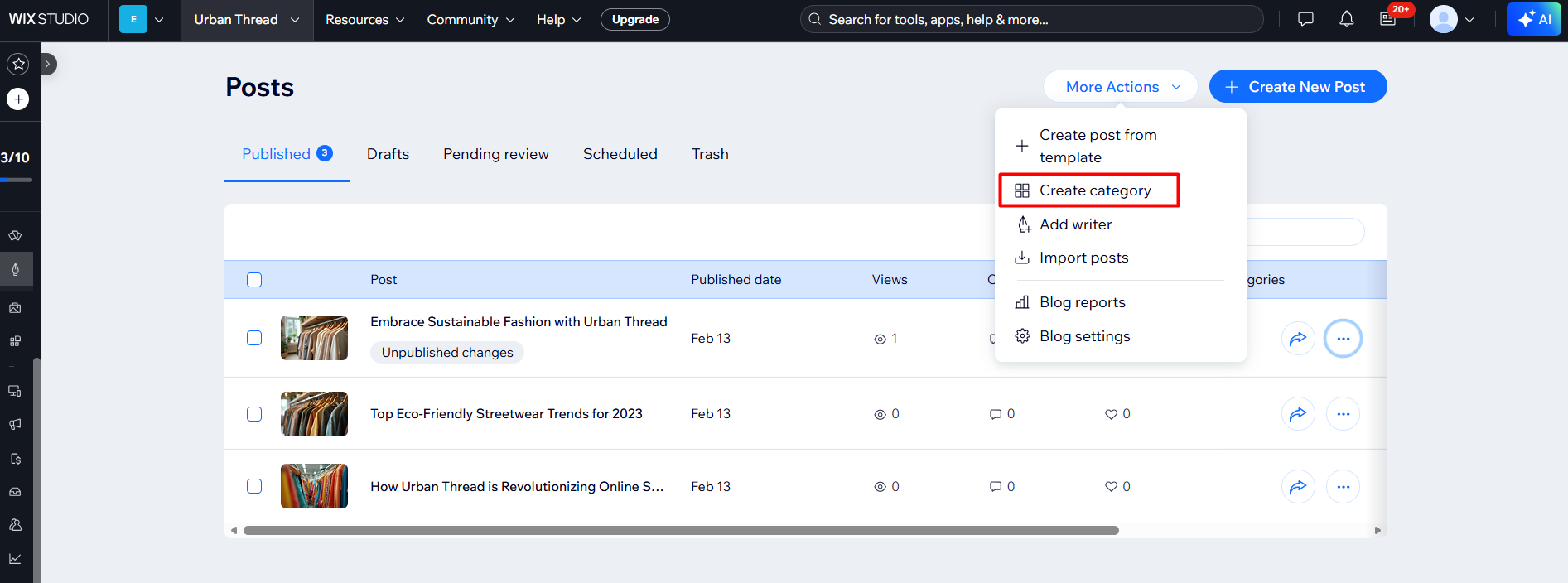 Wix blog category and tag settings used to organize posts