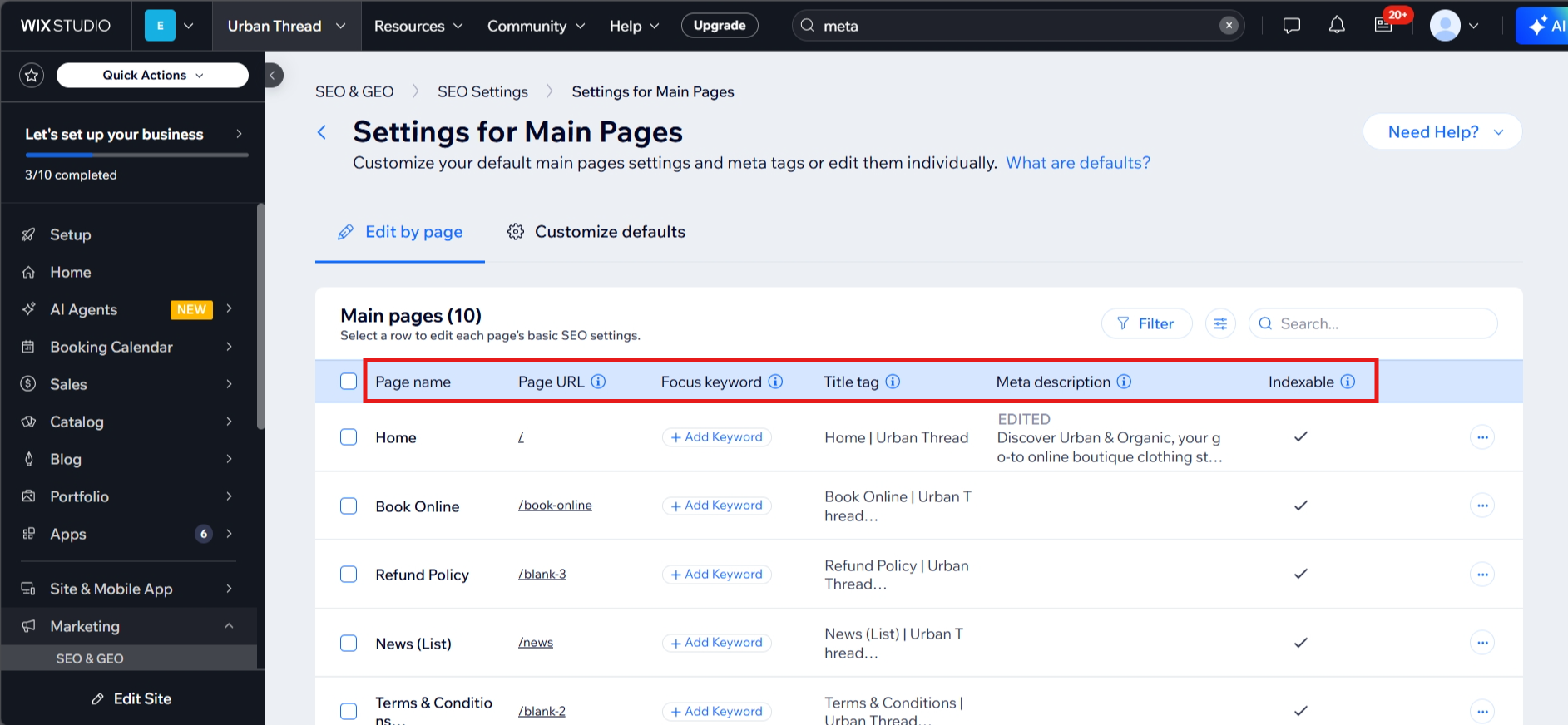 Wix SEO Settings panel for editing meta tags URL slugs and SEO patterns