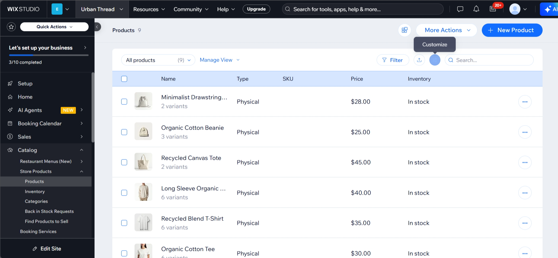 Wix product SEO settings with automatic schema price availability and review data