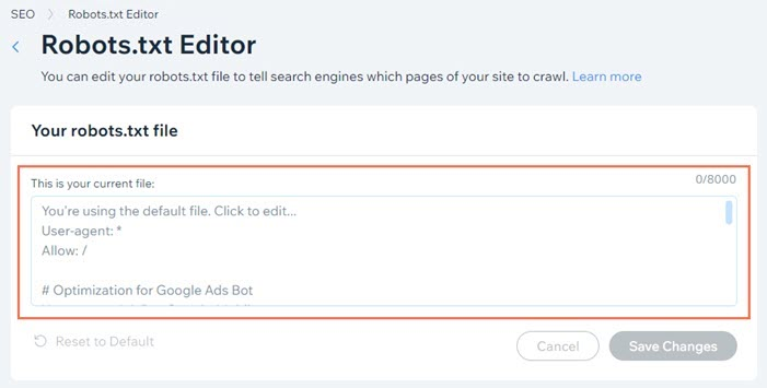 Wix robots.txt editor and crawl directive controls inside the dashboard