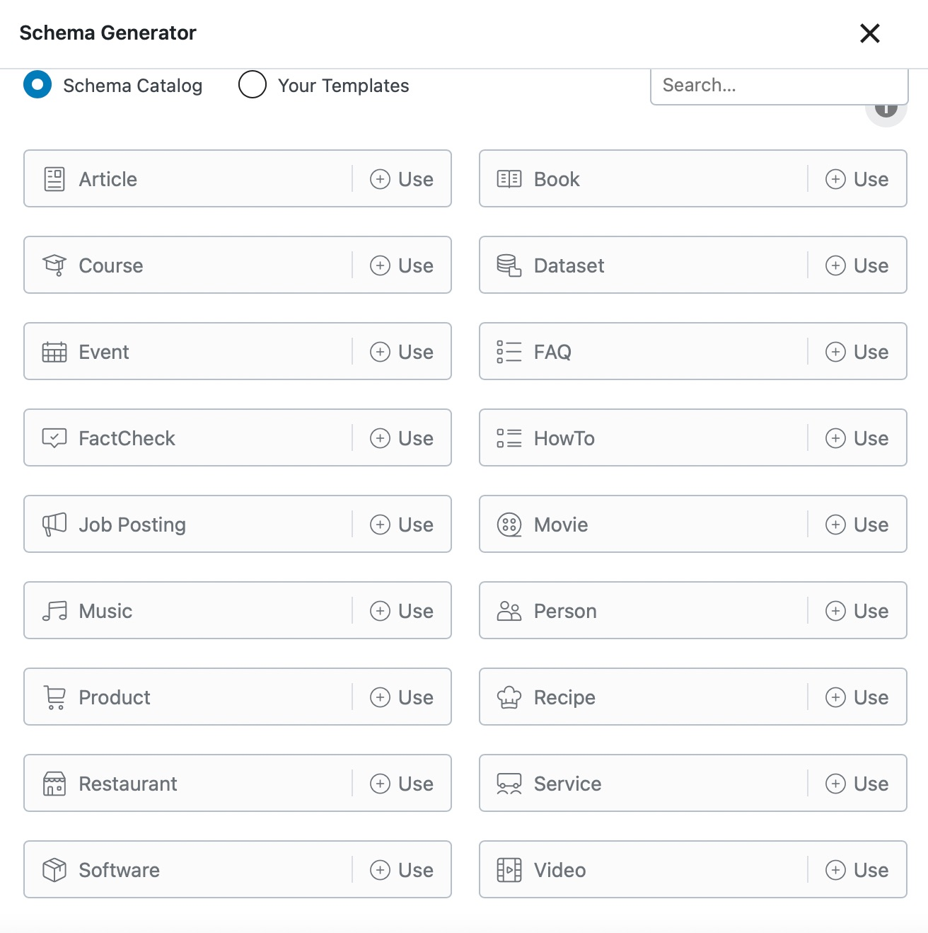 WordPress schema plugin interface with advanced schema types and custom templates