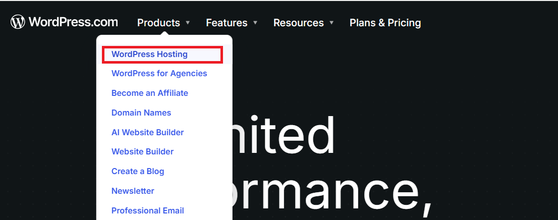 WordPress.com Products menu with WordPress Hosting selected