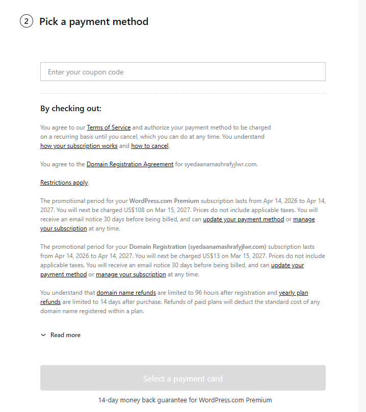 WordPress.com checkout page with coupon code field and order summary