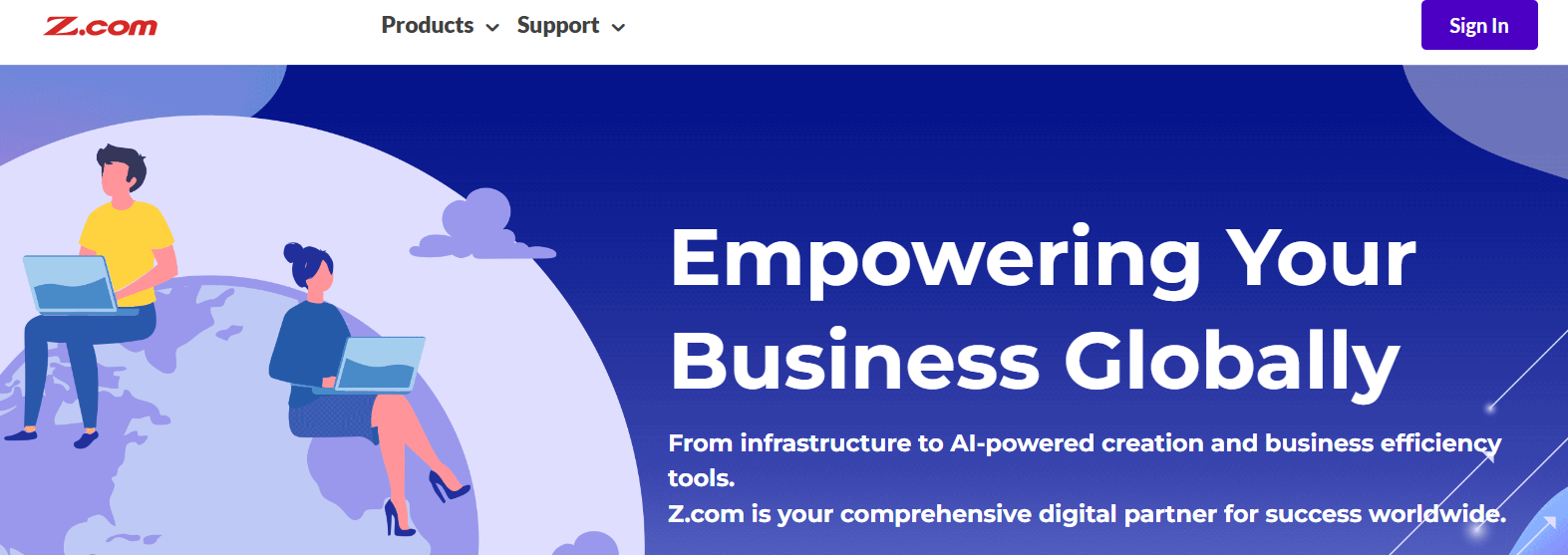 Z.com homepage showing web hosting service selection
