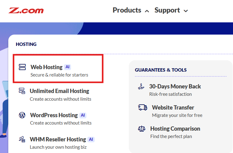 Z.com products dropdown menu with Web Hosting option selected