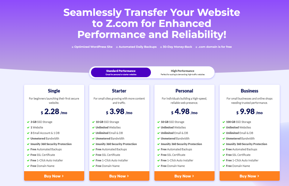 Z.com web hosting plans page showing Single, Starter, Personal, and Business plans