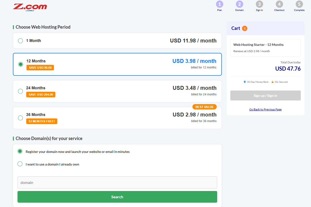 Z.com billing period options showing monthly and multi-year pricing choices