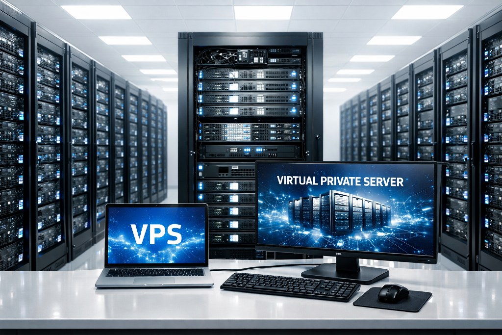 A bright workstation displays VPS screens in front of glowing server racks.