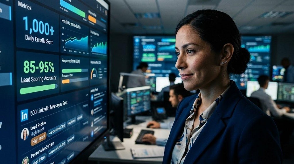 A business analyst supervises high-volume AI outreach on a detailed performance dashboard.