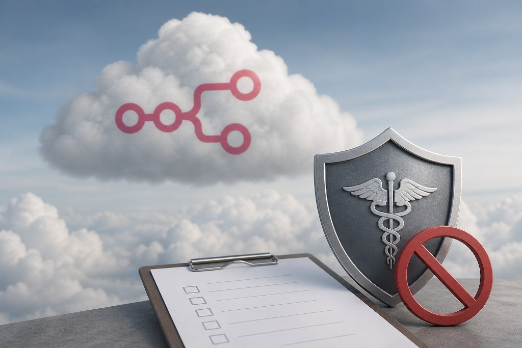 A cloud-based workflow icon sits behind a blocked healthcare shield and checklist, symbolizing restricted compliance in a cloud environment.