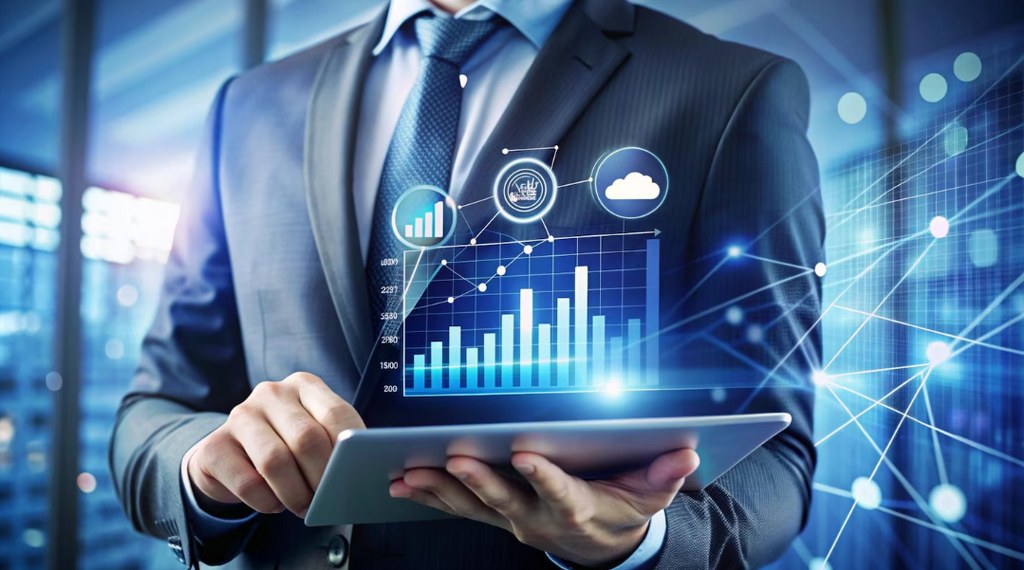 A data analyst looking at graphs and data points on a futuristic holographic tablet.