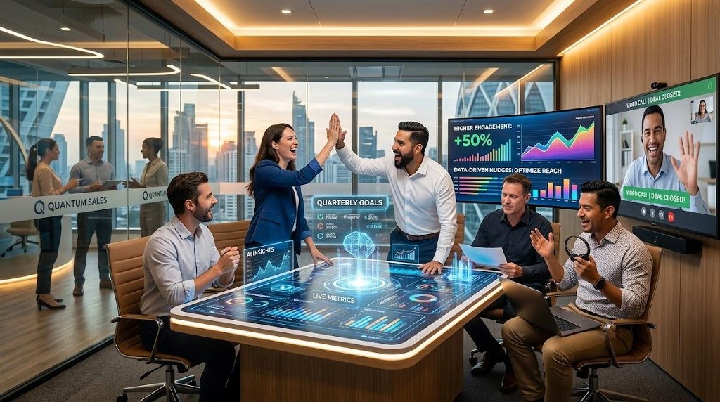 A diverse sales team collaborates seamlessly with AI tools for enhanced performance.