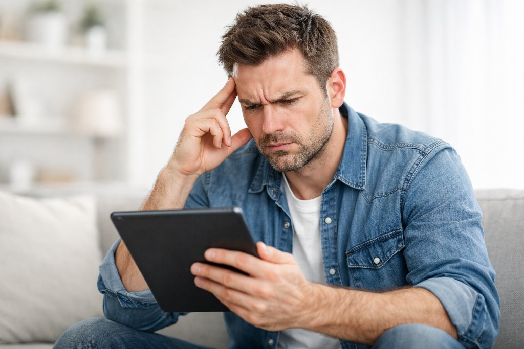 A frustrated man looking at his tablet.