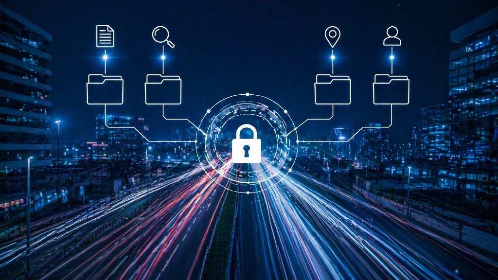 A futuristic city highway with glowing data flows and a central lock icon, representing secure digital data movement.