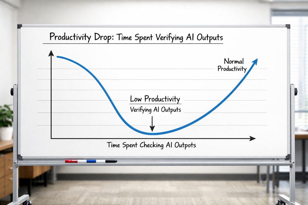 A graph showing productivity dip for time spent verifying AI outputs.