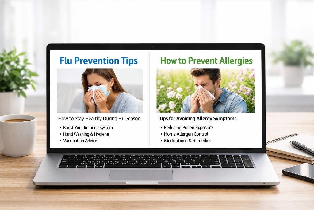 A laptop showing health blogs on flu and allergy prevention for readers.