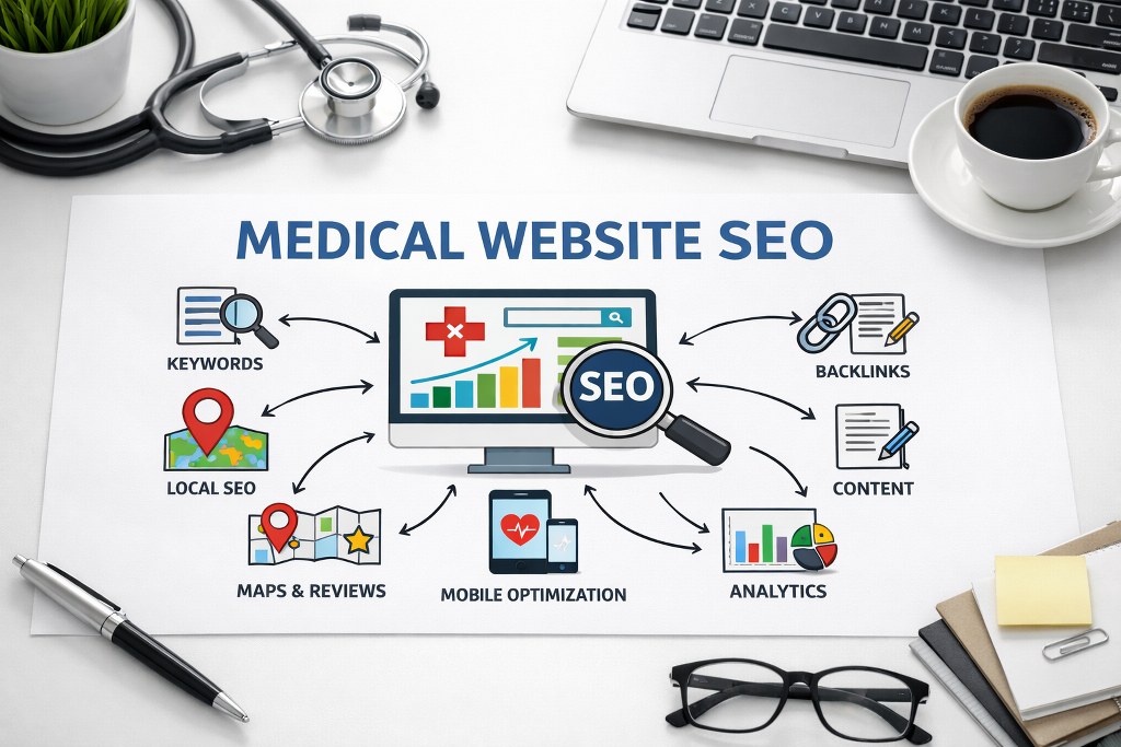 A paper titled Medical Website SEO with icons for keywords, backlinks, content, SEO, and analytics.