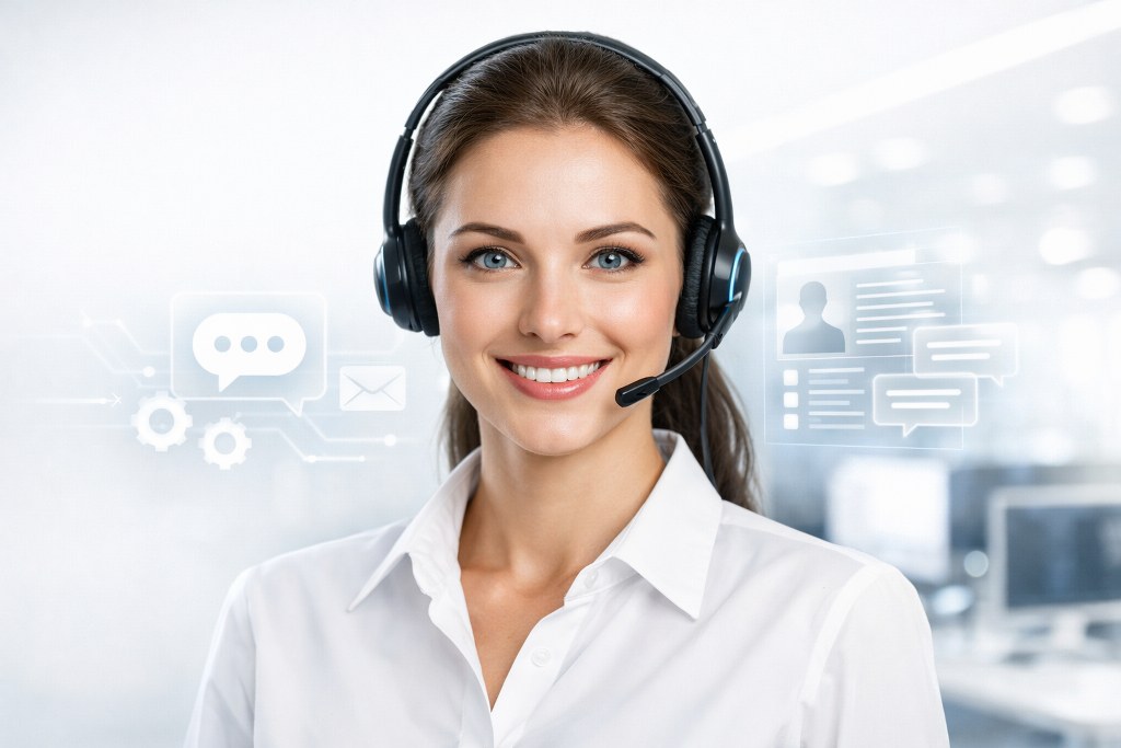 A realistic human avatar AI customer service assistant smiles warmly while helping clients.
