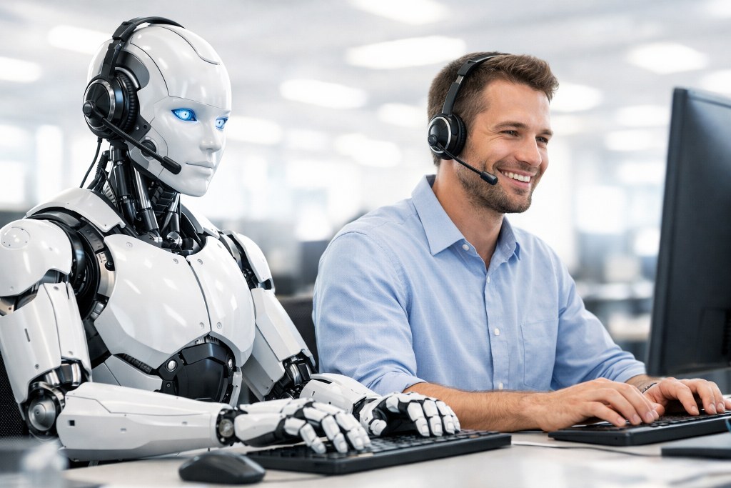 A robot and a human being working side by side.