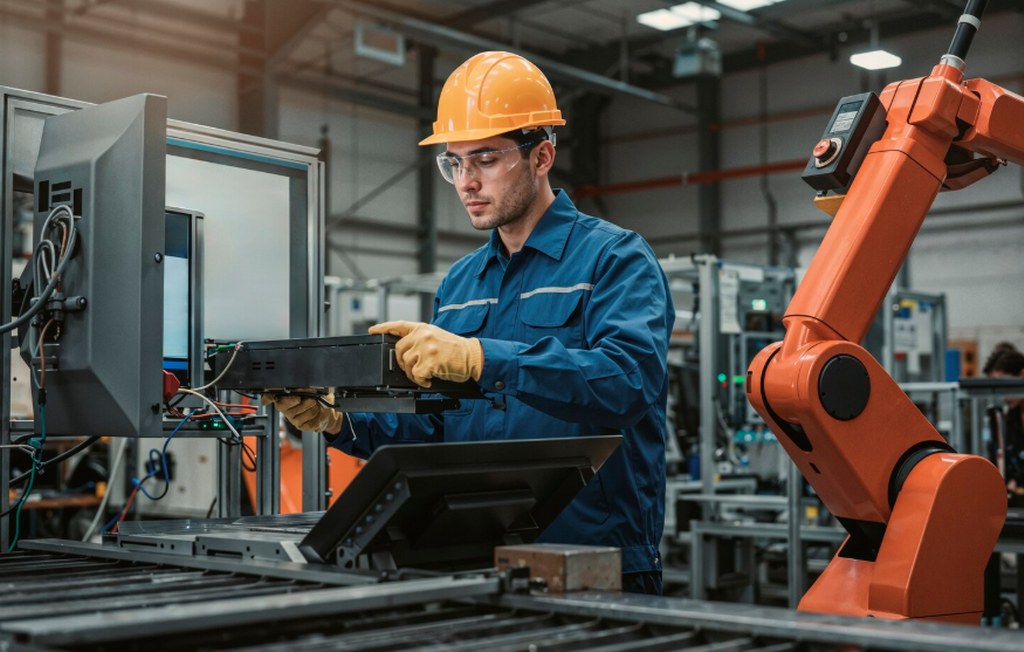 A robot working hand in hand with an engineer in a manufacturing plant.