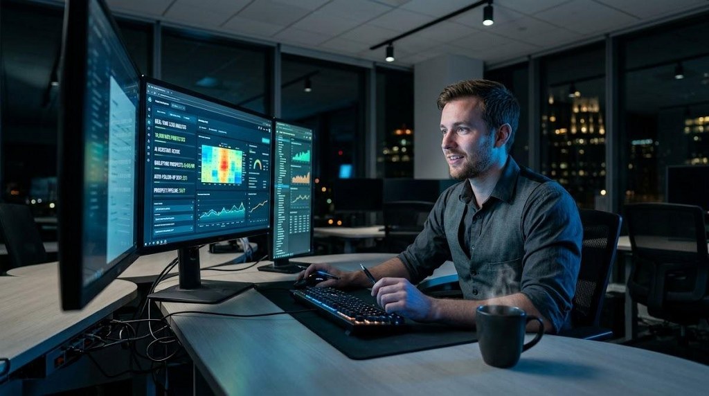 A sales manager monitors an AI dashboard handling leads and follow-ups in a nighttime office environment.