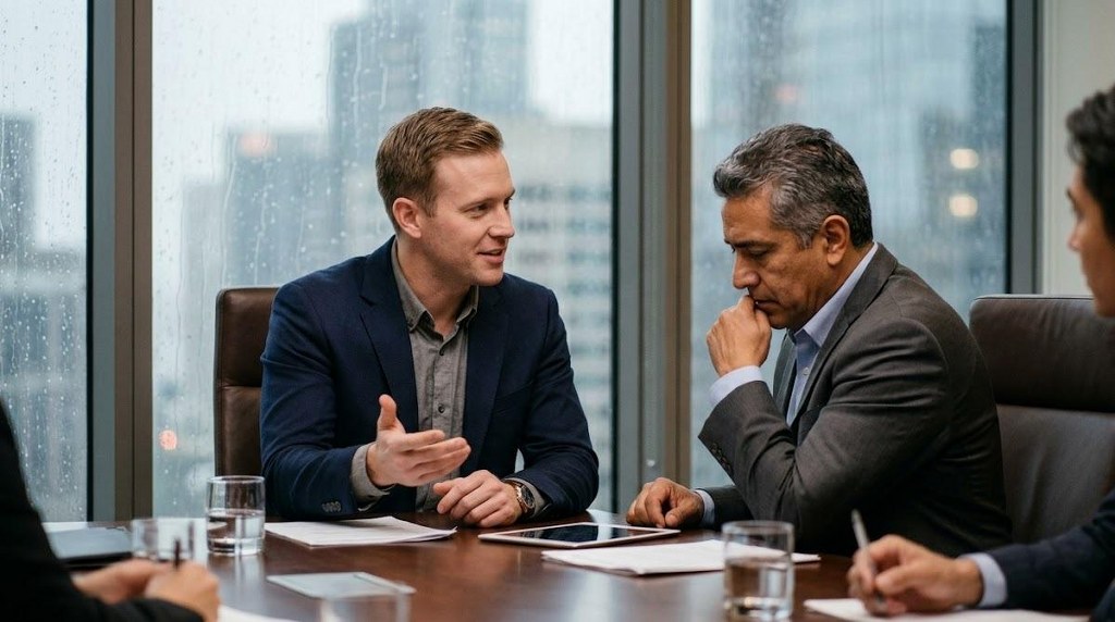 A sales professional empathizes with a client while addressing concerns in a boardroom setting.