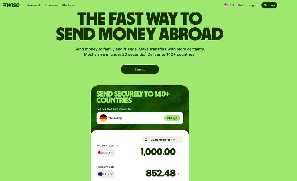 A screenshot of Wise website homepage.