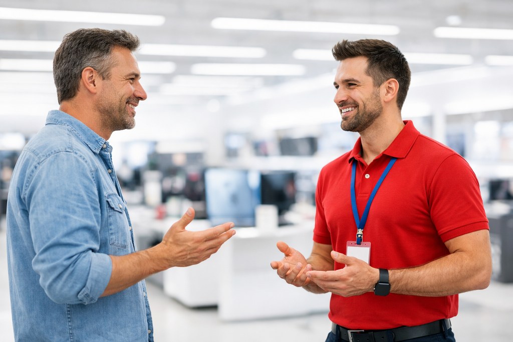 A seller and a customer discussing a product's price.