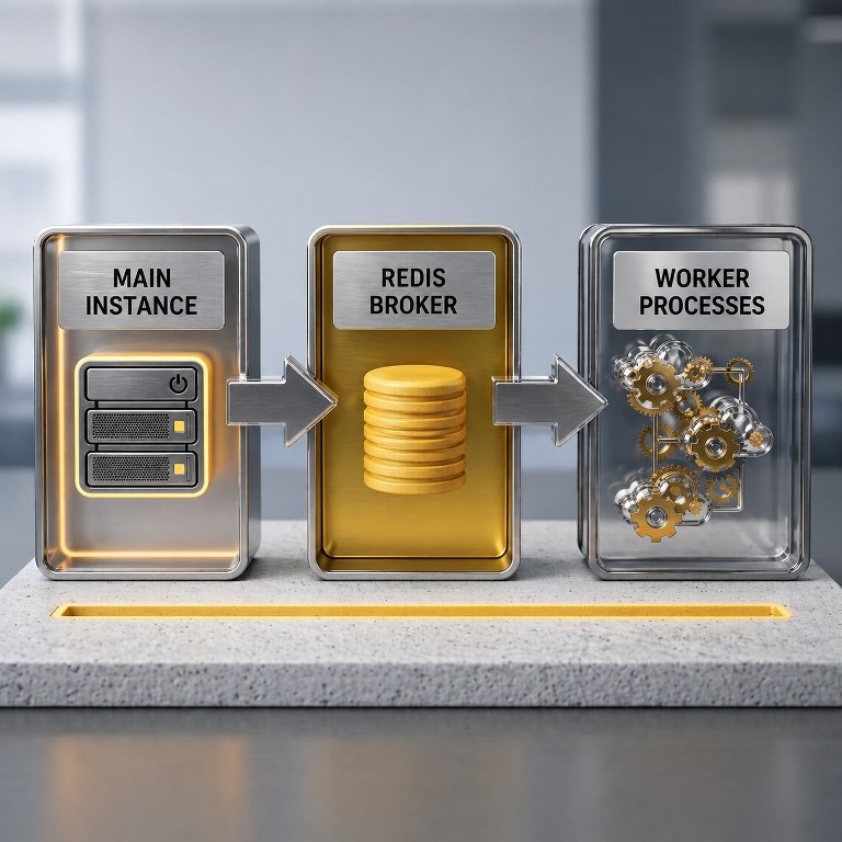 A sleek metallic Main Instance, a gold-toned Redis Broker containing a stacked cylinder icon, and a transparent Worker Processes unit filled with intricate floating gears.