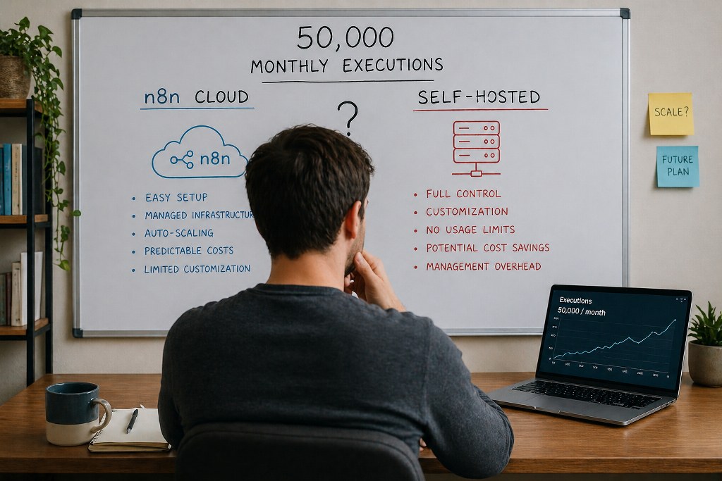 A startup founder studies two paths on a whiteboard, weighing the decision between cloud convenience and self-hosted control as their workload rapidly scales.