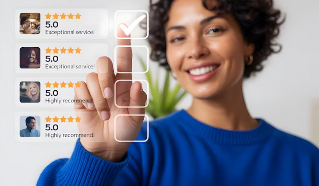 A woman giving a review.