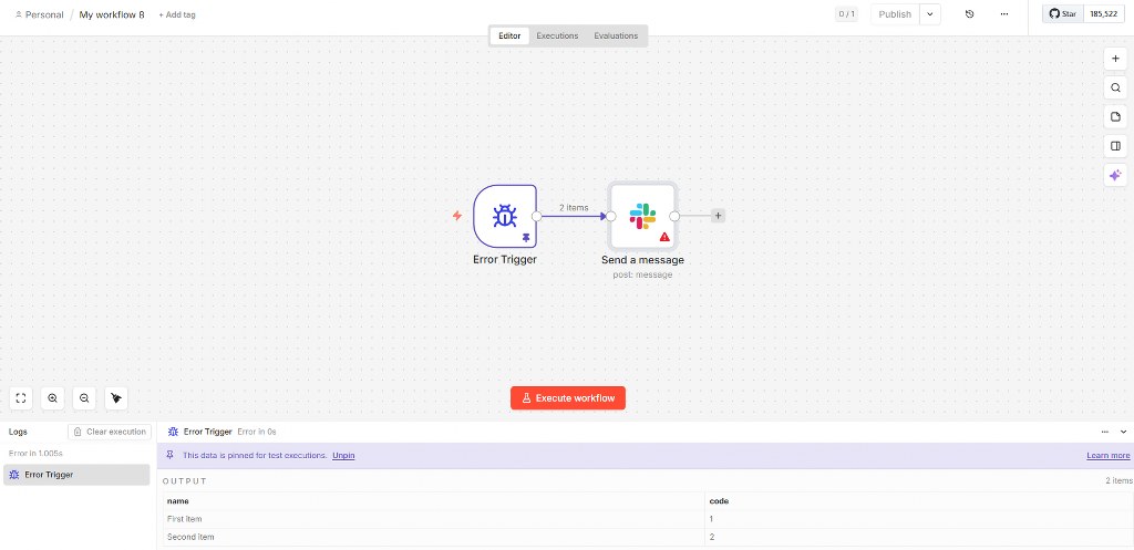A workflow showing an error trigger sending an error message to Slack on n8n.