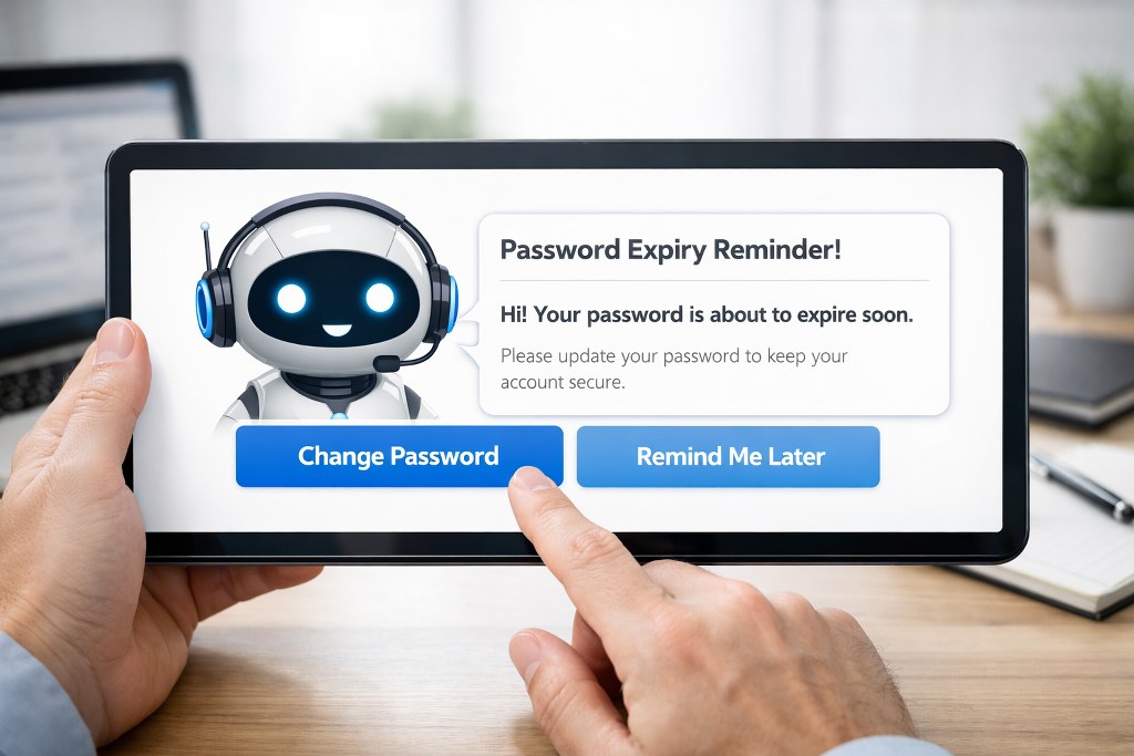 AI chatbot reminds employee to update password before expiration for security.