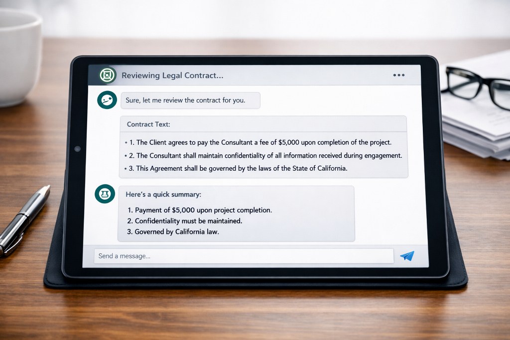 AI chatbot reviews three-sentence legal contract displayed clearly on tablet screen.