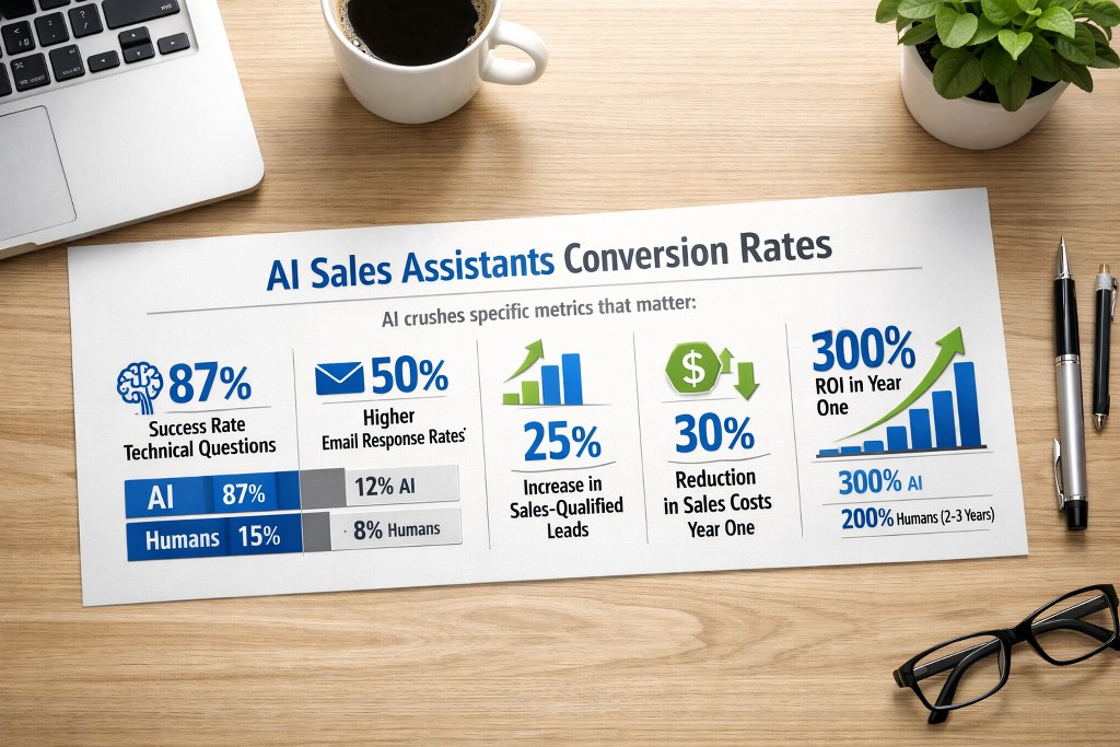 AI sales assistants outperform humans across conversion, cost, and ROI metrics dramatically.