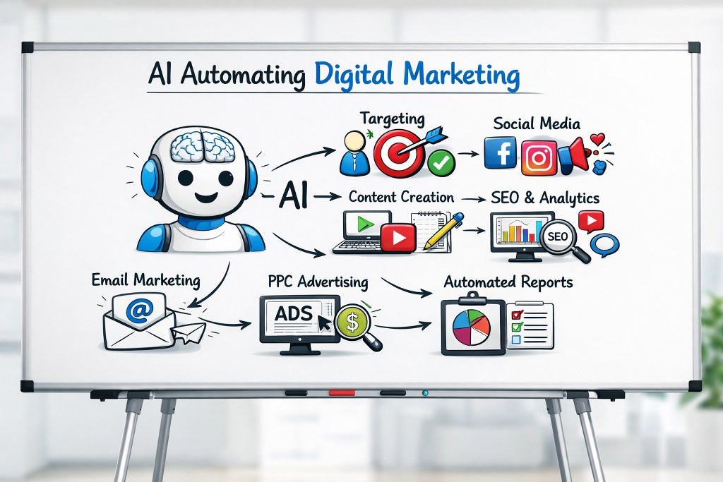 AI streamlines digital marketing workflows by automation, analytics