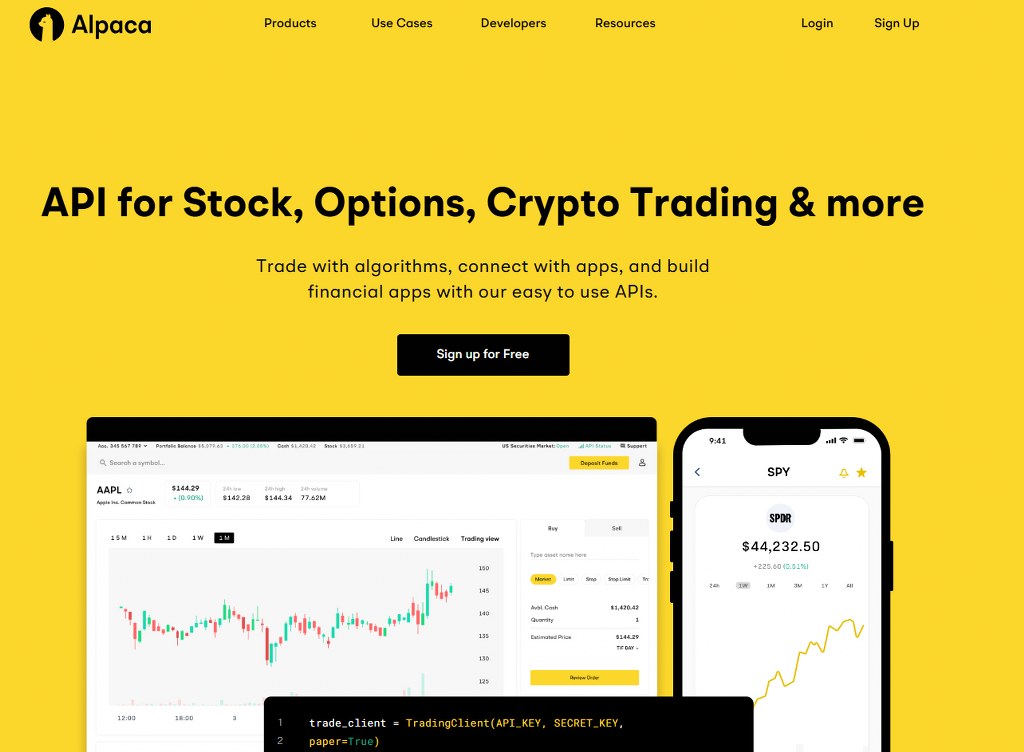 Alpaca; API for Stock, Options & Crypto Trading website homepage.