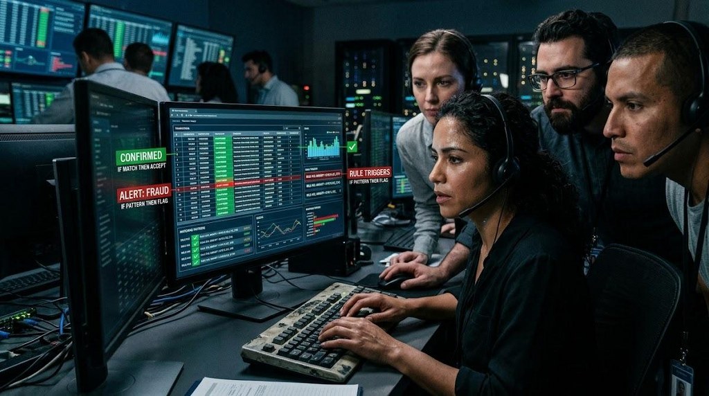 Analysts monitoring precise rule-based fraud detection alerts in a high-tech control room.