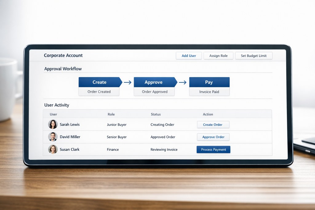 B2B platform dashboard shows company roles permissions and streamlined account management.
