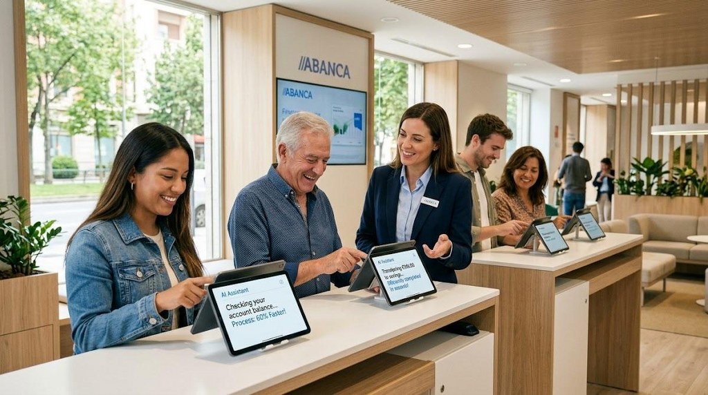 Bank customers receiving faster AI-driven responses at modern service counters.