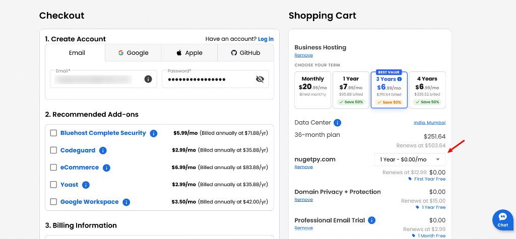 Bluehost checkout with free first-year domain offer