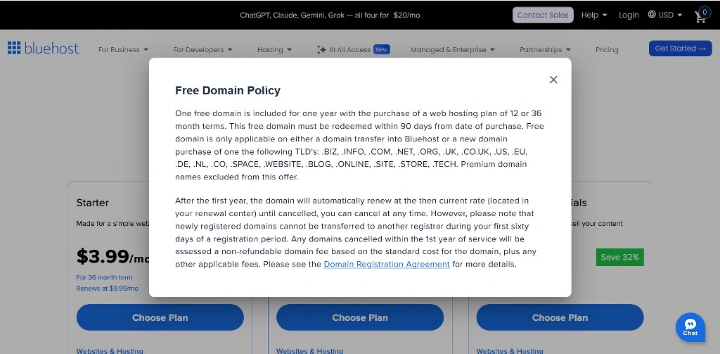 Bluehost free domain policy and renewal terms