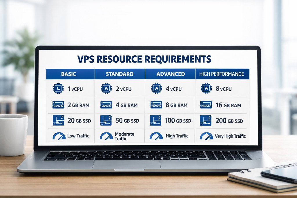 Bright laptop display outlines VPS tiers with CPU, RAM, storage, and traffic scalability.
