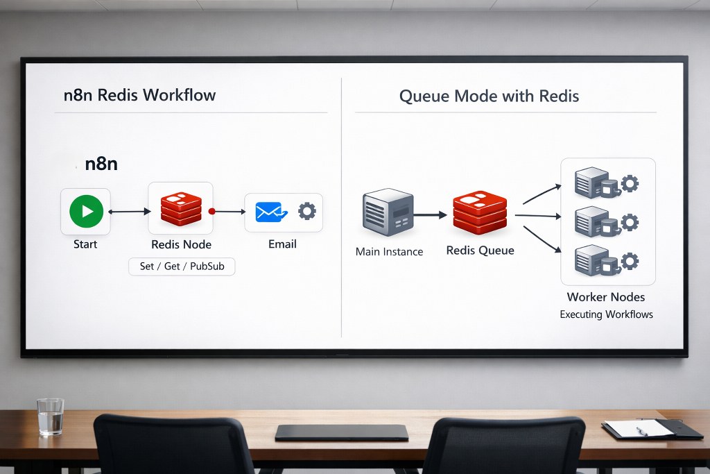 Bright room displays n8n Redis workflow and queue architecture on screen.