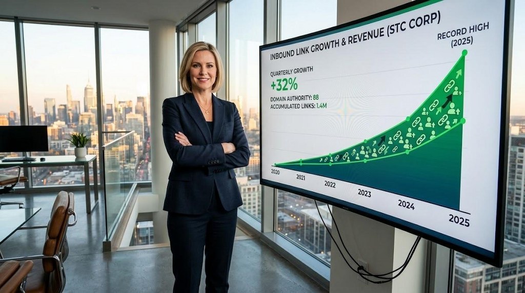 Business professional monitoring steady compounding search traffic on a large office monitor.